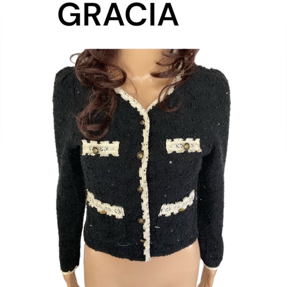 Gracia Tweed Crochet Sequins Embellished Cropped Blazer Black & Cream Size Small